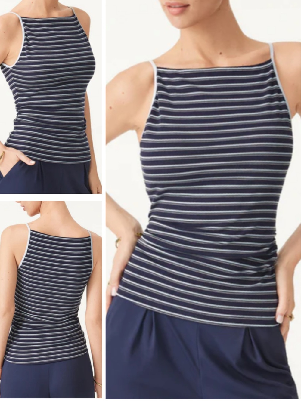 OGL | Striped Side Ruched Spaghetti New Airy Bra Tank Navy Blue Stripe | Small